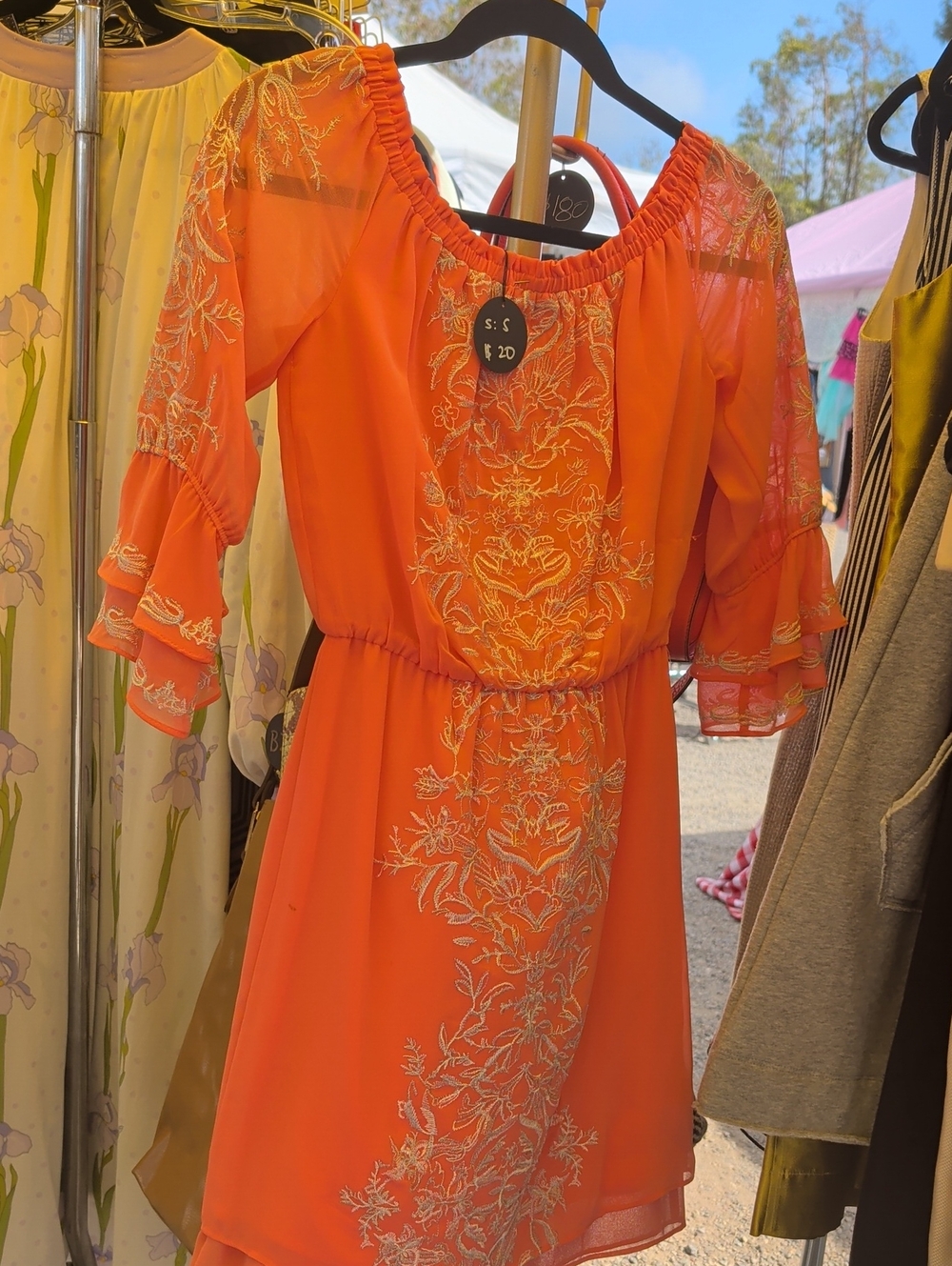 Orange Embroidered Off-Shoulder Dress
